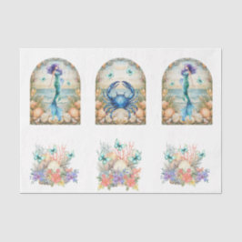 Beachy Pastel  Floral Mermaid & Shells Decoupage  Tissuepapier