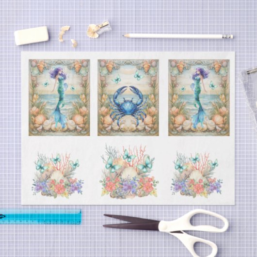 Beachy Pastel  Floral Mermaid & Shells Decoupage  Tissuepapier (Craft)