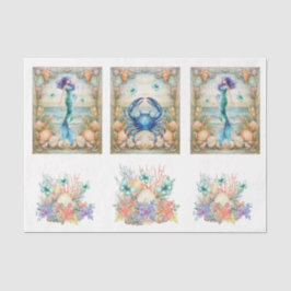 Beachy Pastel  Floral Mermaid & Shells Decoupage  Tissuepapier