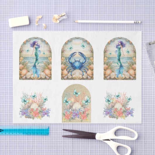 Beachy Pastel  Floral Mermaid & Shells Decoupage  Tissuepapier (Craft)