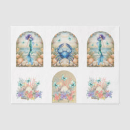 Beachy Pastel  Floral Mermaid & Shells Decoupage  Tissuepapier