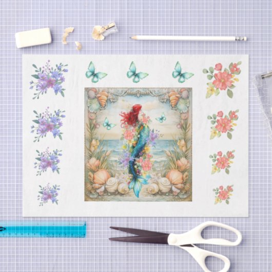Beachy Pastel  Floral Mermaid & Shells Decoupage  Tissuepapier (Craft)