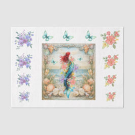 Beachy Pastel  Floral Mermaid & Shells Decoupage  Tissuepapier