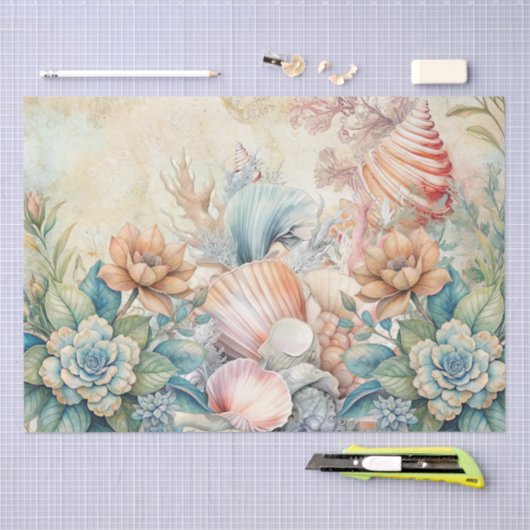 Beachy Pastel Floral Seashells Decoupage  Tissuepapier (Craft)
