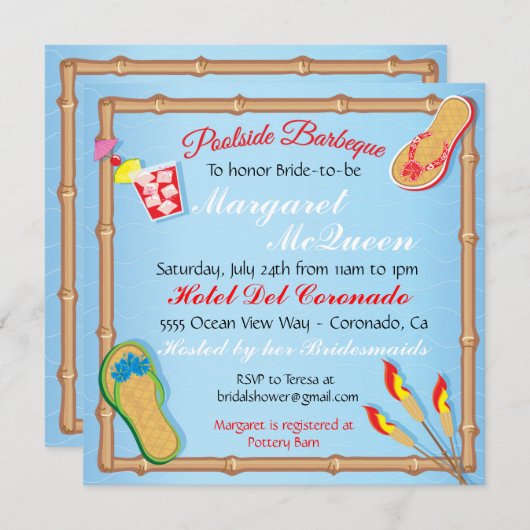 Beachy Poolside BBQ Bridal Shower Invitation Kaart (Voorkant / Achterkant)