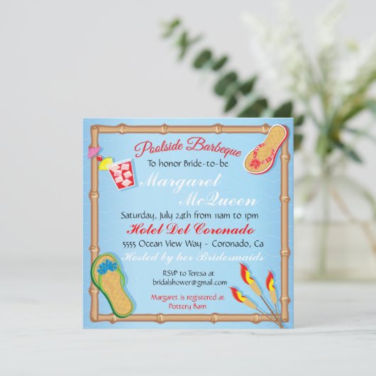Beachy Poolside BBQ Bridal Shower Invitation Kaart (Staand voorkant)