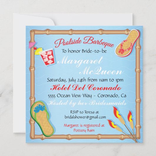 Beachy Poolside BBQ Bridal Shower Invitation Kaart (Voorkant)