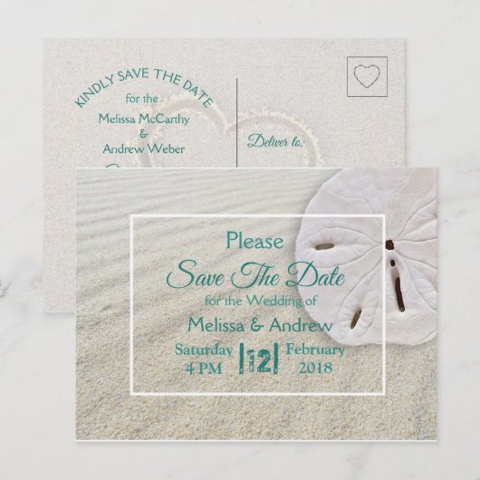 Beachy Sand Dollar Thleding Wedding Save the Date Aankondigingskaart (Voorkant / Achterkant)