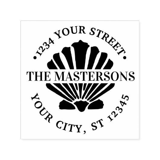 Beachy Scallop Shell Ronde Naam Adres Zelfinktende Stempel (Design)