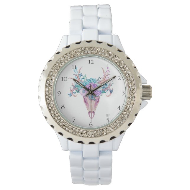 *~* Beachy schedel Antlers Hoorn Boho Bloemen Trib Horloge (Voorkant)