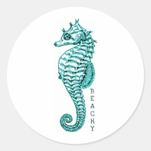BEACHY SEAHORSE PRINT IN BLAUWGROEN RONDE STICKER