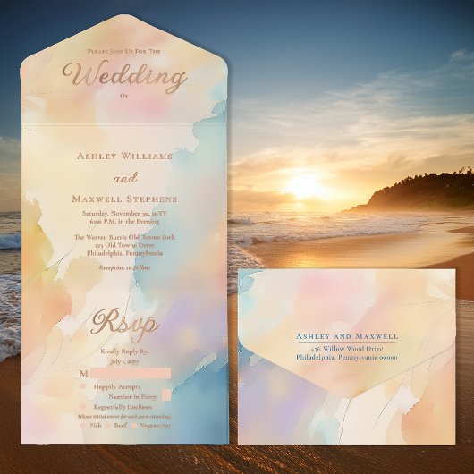 Beachy Sunset Gradient Rose Gold Foil Wedding All In One Uitnodiging