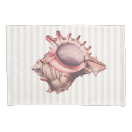 Beachy Tan Stripes & Coral Conch Shell Kussensloop