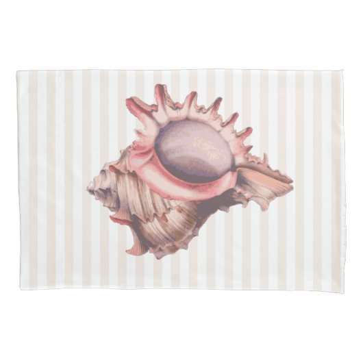 Beachy Tan Stripes & Coral Conch Shell Kussensloop (Voorkant)