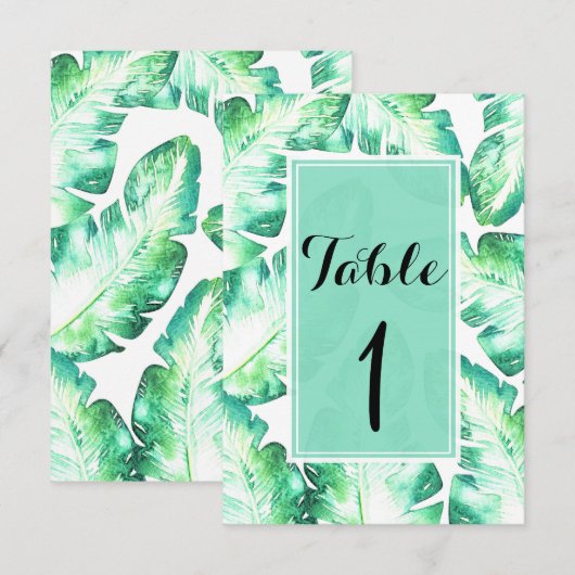 Beachy White en Green Tropical Leaves Table Number Kaart (Voorkant / Achterkant)