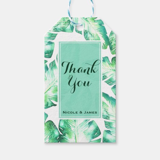 Beachy White en Green Tropical Leaves Wedding Favo Cadeaulabel (Voorkant)