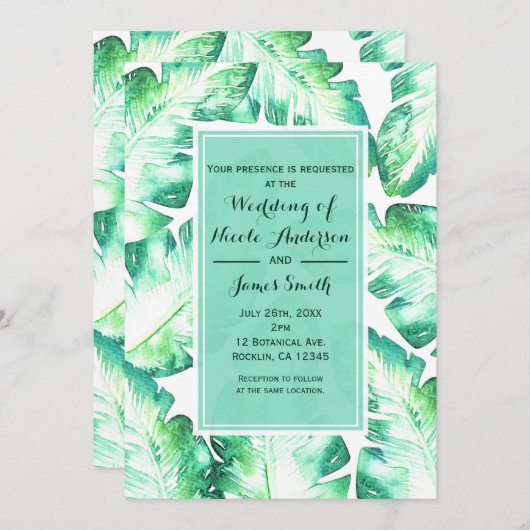 Beachy White en Green Tropical Leaves Wedding Kaart (Voorkant / Achterkant)