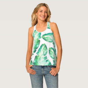 Beachy White en Green Tropical Palm Leaves Pattern Tanktop