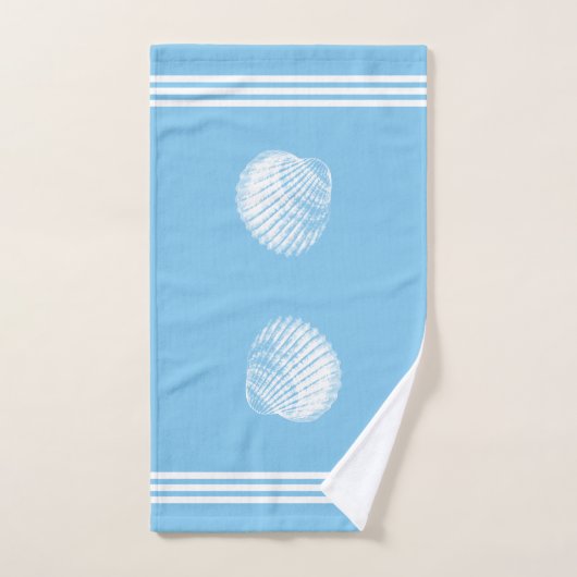 Beachy White Stripes & White Seashells Ocean Blue Bad Handdoek (Handdoek)