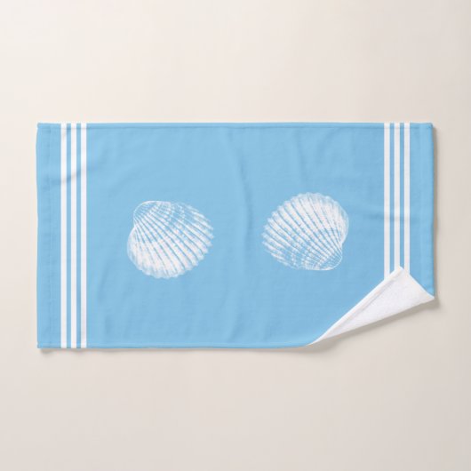 Beachy White Stripes & White Seashells Ocean Blue Bad Handdoek (Handdoek)