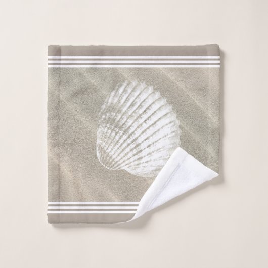 Beachy White Stripes & White Seashells Sand Dunes Bad Handdoek (Wasdoekje)