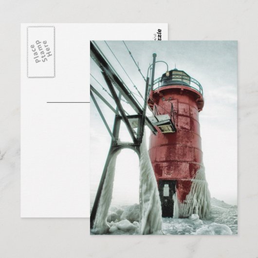 Beacon Frozen Red South Haven Vuurtoren Winter Briefkaart (Voorkant / Achterkant)