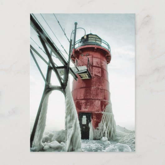 Beacon Frozen Red South Haven Vuurtoren Winter Briefkaart (Voorkant)