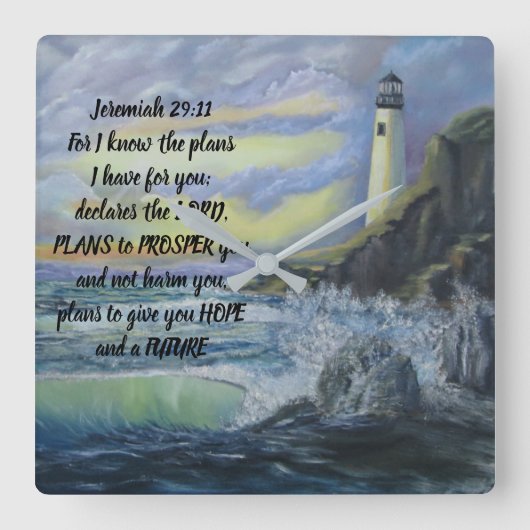 Beacon van Hope Acrylic Wall Clock Jeremiah 29:11 Vierkante Klok (Voorkant)