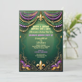 Bead & Brews Fleur De Lis Mardi Gras Wedding Party Kaart (Staand voorkant)