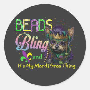 Beads Bling Yorkie Mardi Gras Carnival Masquerade Ronde Sticker