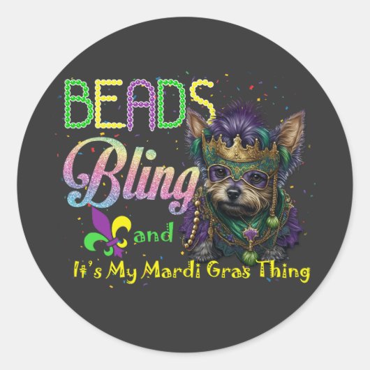 Beads Bling Yorkie Mardi Gras Carnival Masquerade Ronde Sticker (Voorkant)