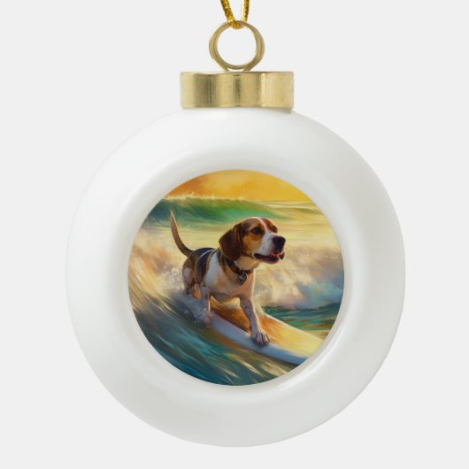 Beagle Beach Surfschildering Keramische Bal Ornament (Voorkant)