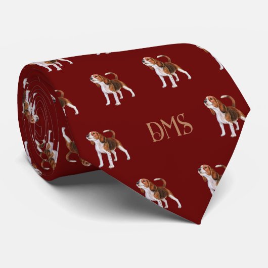 Beagle Bliss: Monogrammed Beagle Patroon Rood Stropdas (Opgerold)