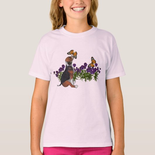 Beagle Butterflies Flowers Cute Dog T-shirt (Voorkant)