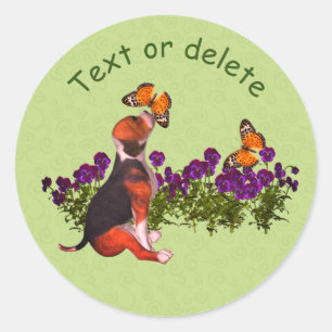 Beagle Butterflies Pansies Cute Personated Ronde Sticker