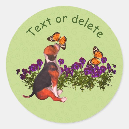 Beagle Butterflies Pansies Cute Personated Ronde Sticker (Voorkant)