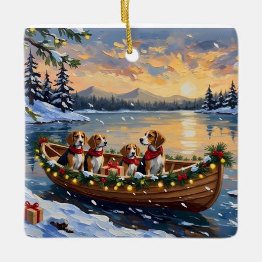 Beagle Christmas Boat Holiday Keramisch Ornament (Voorkant)