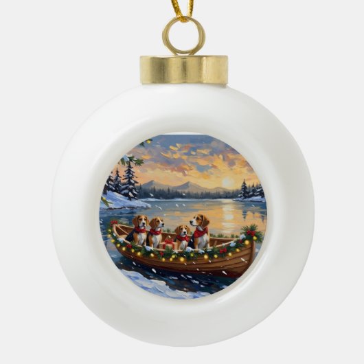 Beagle Christmas Boat Holiday Keramische Bal Ornament (Voorkant)