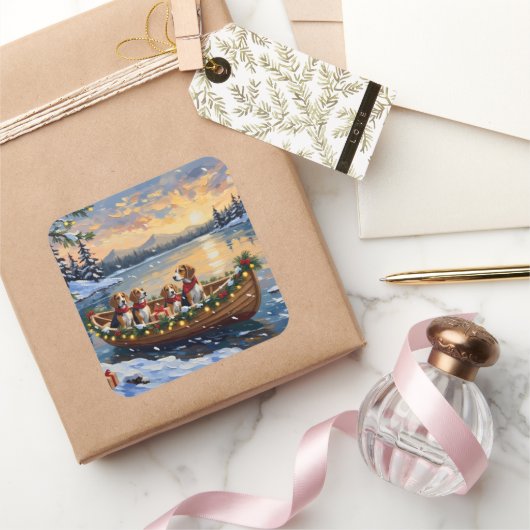 Beagle Christmas Boat Holiday Vierkante Sticker (Geschenken)
