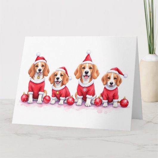 Beagle Christmas Dress Santa Hat Kaart (Voorkant)