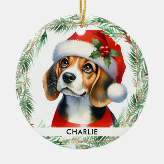 Beagle Christmas Gepersonaliseerde Schattigee Sant Keramisch Ornament (Voorkant)