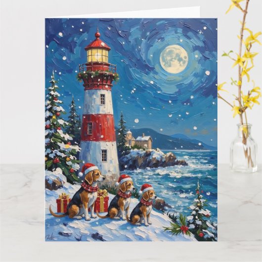 Beagle Christmas Lighthouse Holiday Kaart (Gele Bloem)