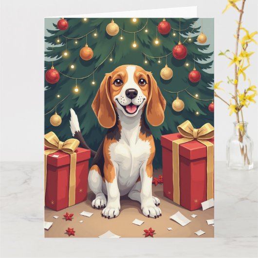 Beagle Christmas Morning Gift-Unboxing Painting Kaart (Gele Bloem)