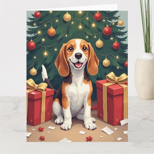 Beagle Christmas Morning Gift-Unboxing Painting Kaart (Voorkant)