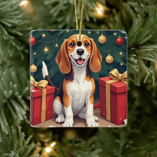 Beagle Christmas Morning Gift-Unboxing Painting Keramisch Ornament (Boom)