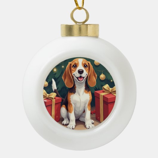 Beagle Christmas Morning Gift-Unboxing Painting Keramische Bal Ornament (Voorkant)