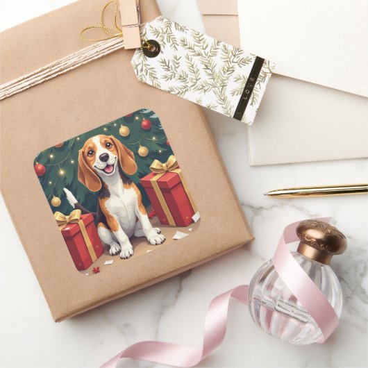 Beagle Christmas Morning Gift-Unboxing Painting Vierkante Sticker (Geschenken)