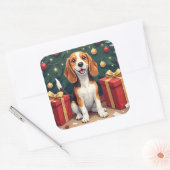 Beagle Christmas Morning Gift-Unboxing Painting Vierkante Sticker (Envelop)