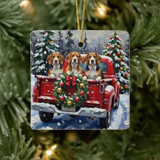 Beagle Christmas Red Truck Holiday Keramisch Ornament (Boom)