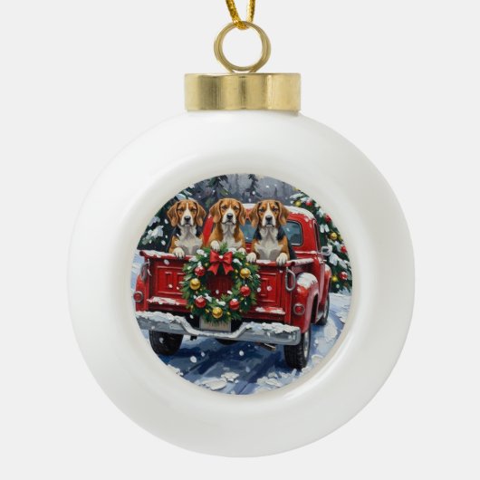 Beagle Christmas Red Truck Holiday Keramische Bal Ornament (Voorkant)